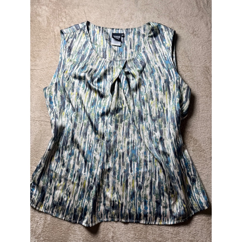 Sharon Young XL Sleeveless Abstract Print Pleated Neck Blouse Blue Green Yellow